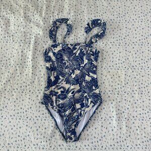 Blue and White Floral Print One-Piece with Sarong (Tie-Skirt)
